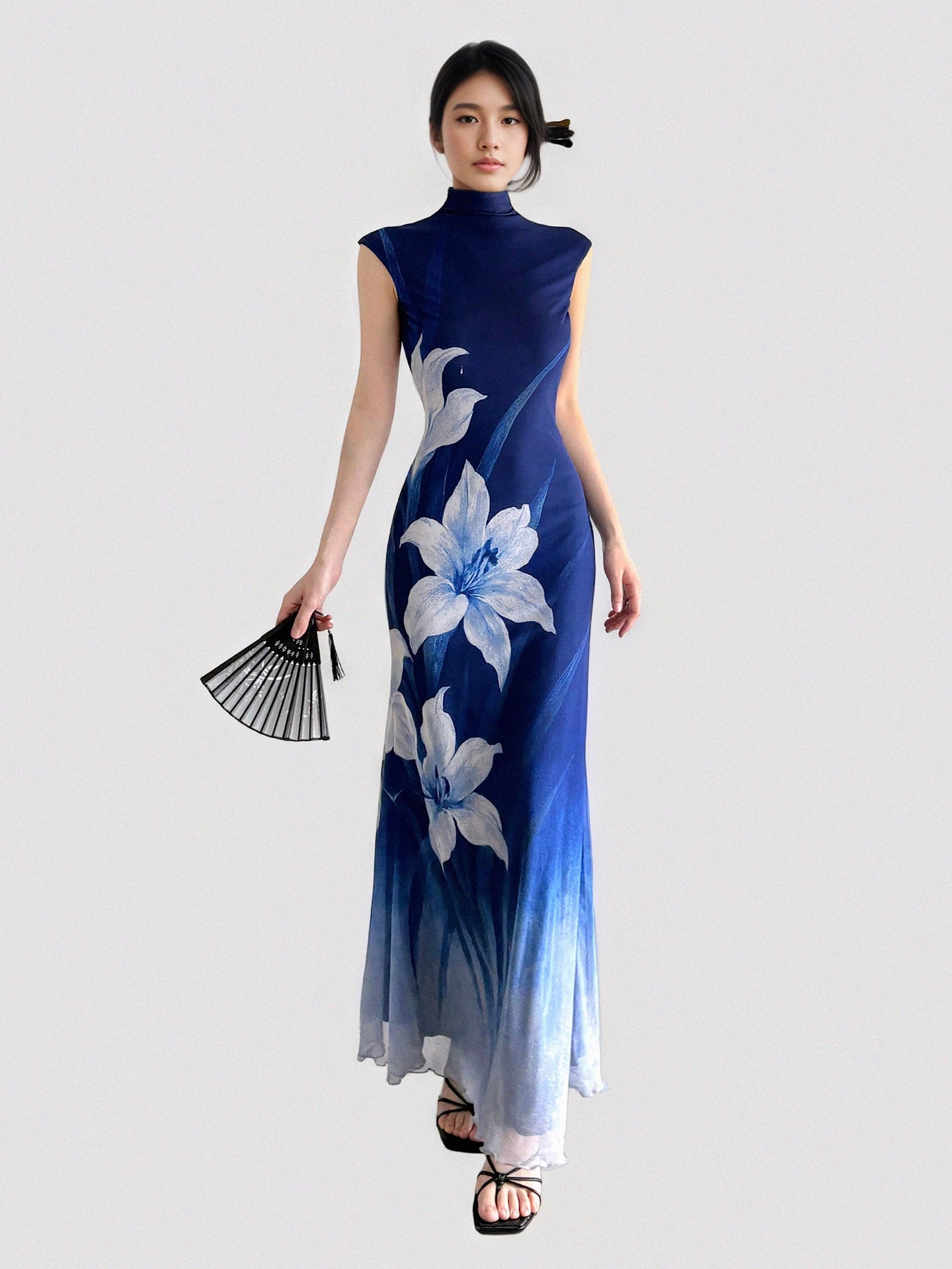 FUNOFF Retro Flower Gradual Change Waist Mesh Dress