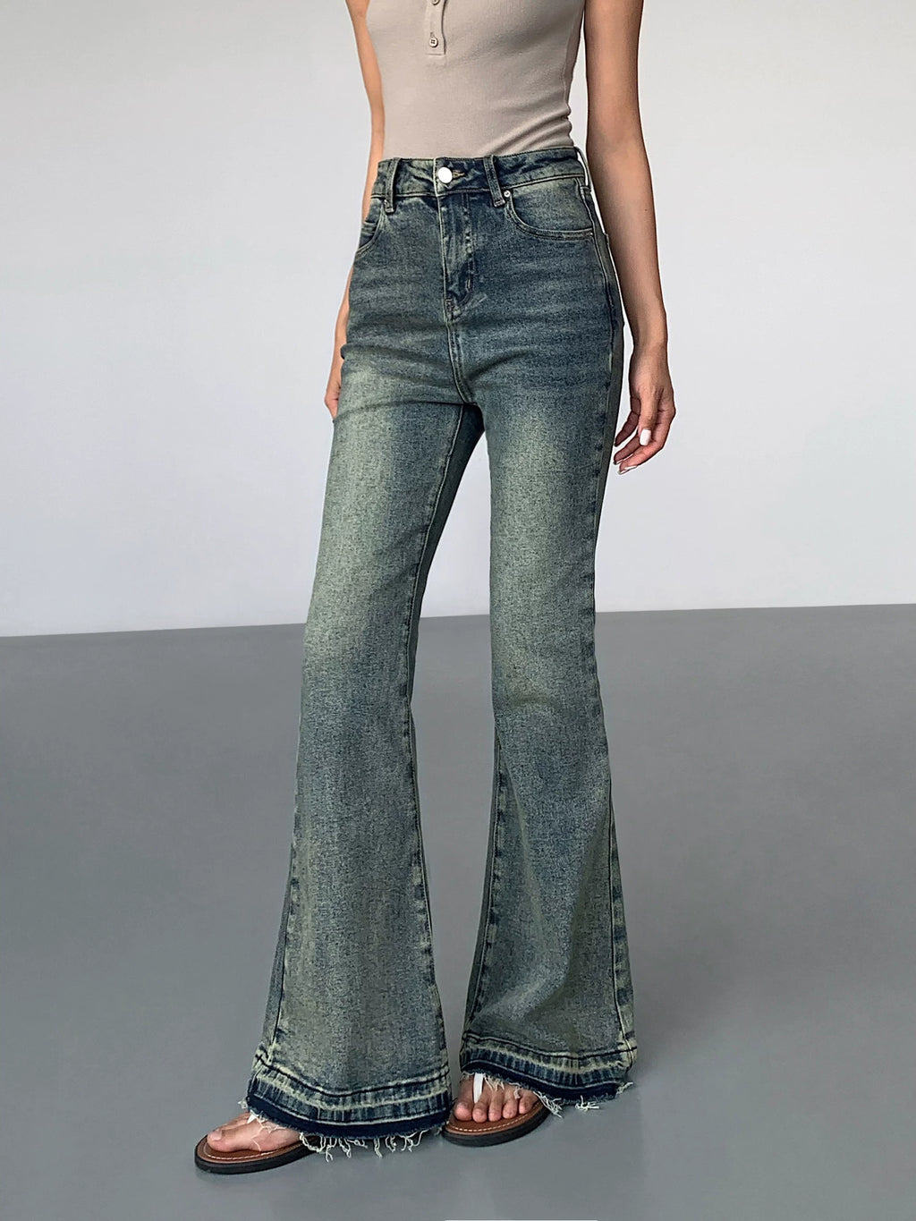 Ousph High Waist Raw Edge Bootcut Jeans