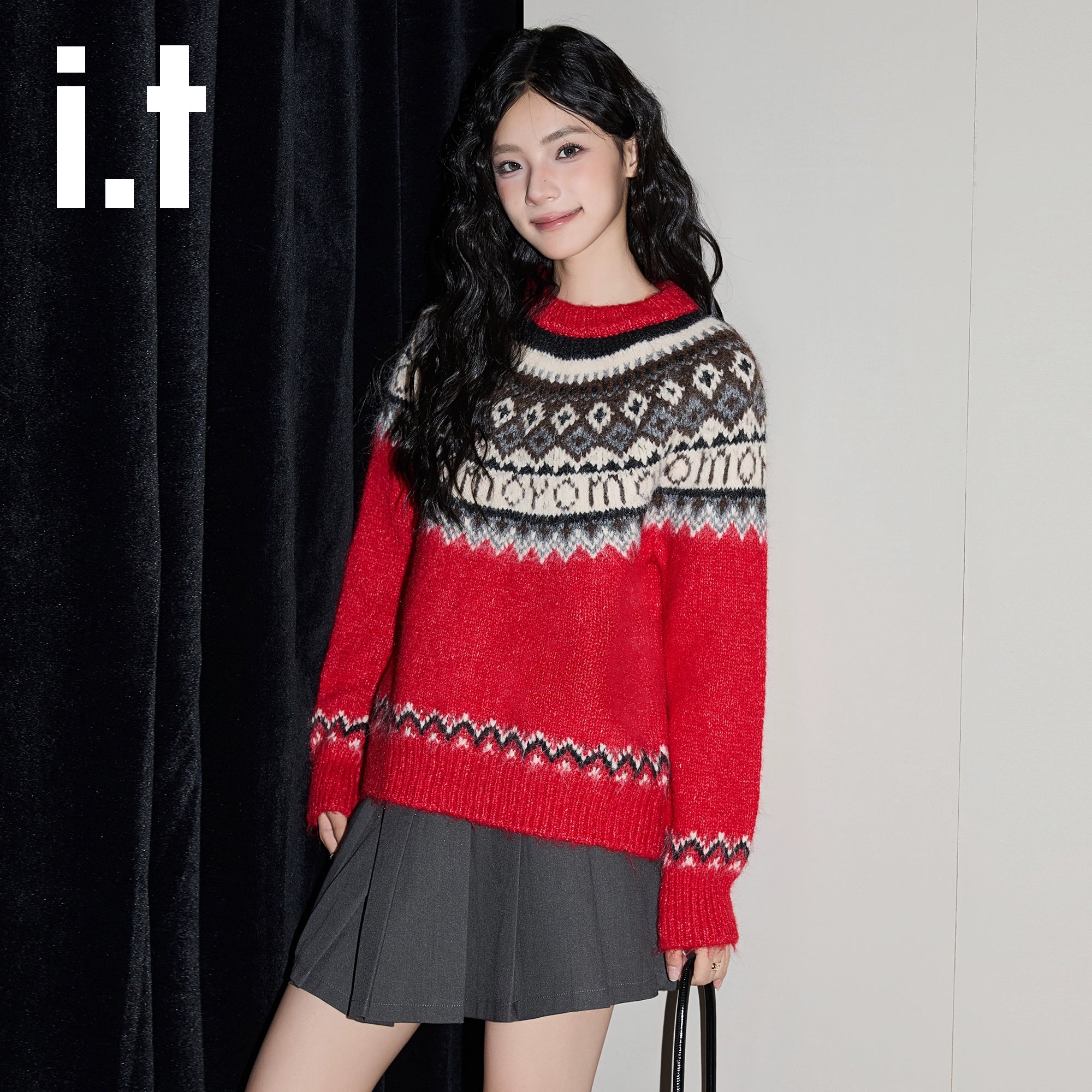 IT: CHOCOOLATE Jacquard Crew Neck Pullover Vintage Loose Wool Knitted Sweater