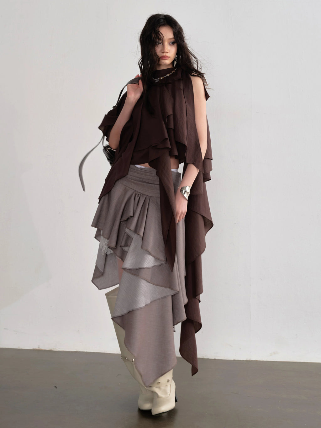 JNYLON Vintage Lace Stitching Asymmetrical Skirt