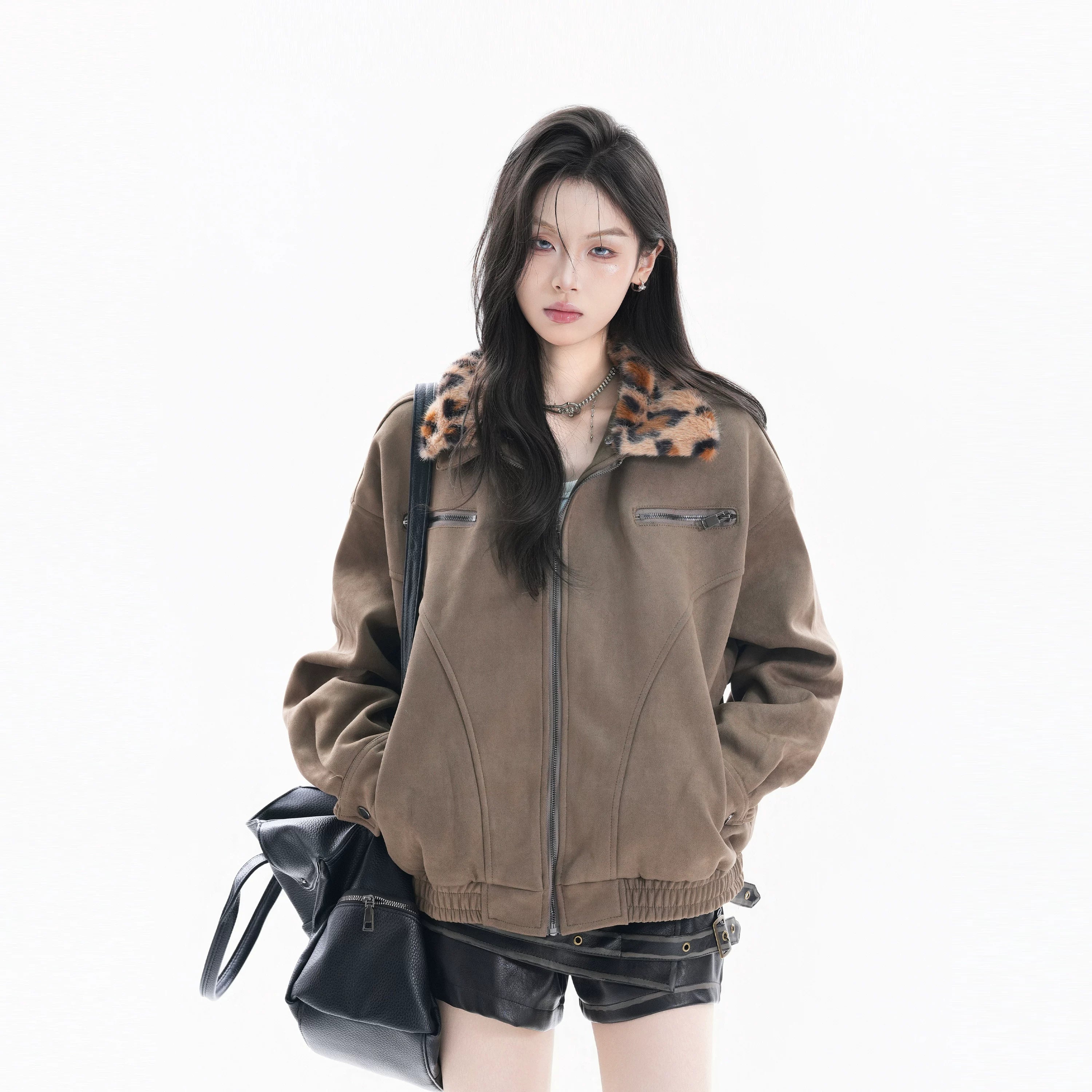 Zuocisankon Vintage Short Detachable Leopard Collar Jacket