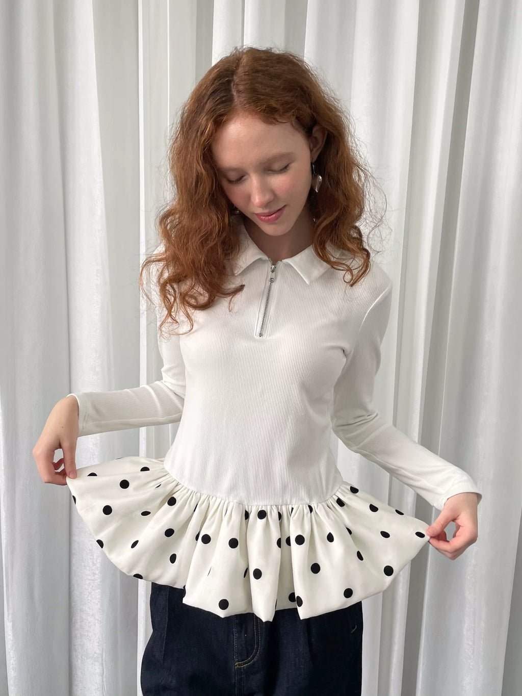 Loosesmell Slim Stitching Polka Dot Bud Hem Long Sleeve