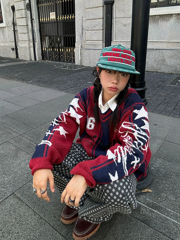 Mershier Striped Color Matching Digital Embroidered Knitted Sweater