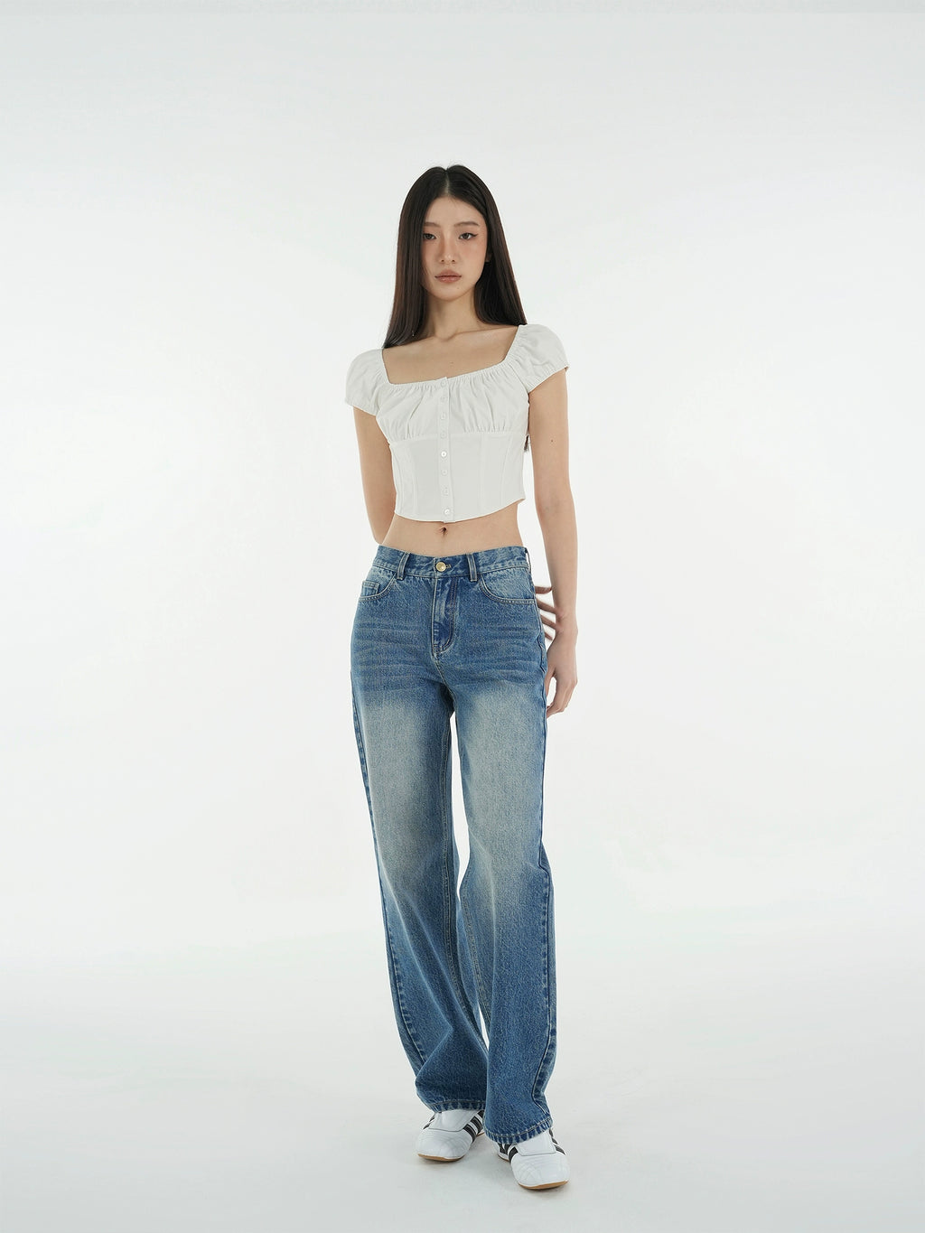 Jim Kennet Vintage Square Neck Button Slim Fit Fishbone High Waist Tee