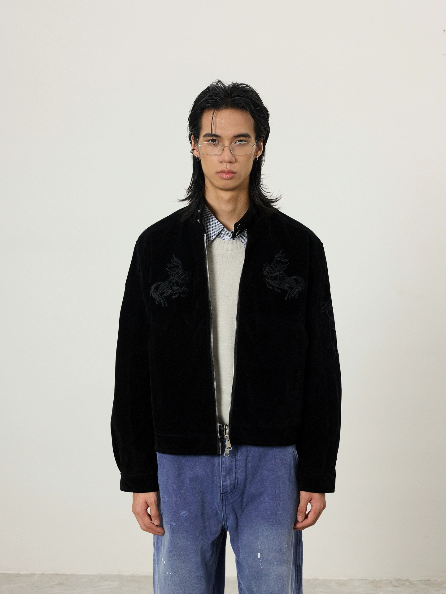 BTSG Vintage Embroidered Suede Stand-Up Jacket