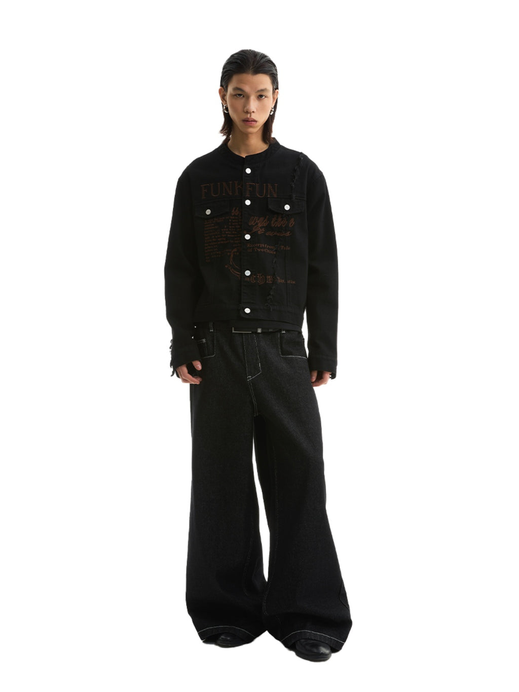 FUNKYFUN Embroidered Burrs Collarless Denim Jacket