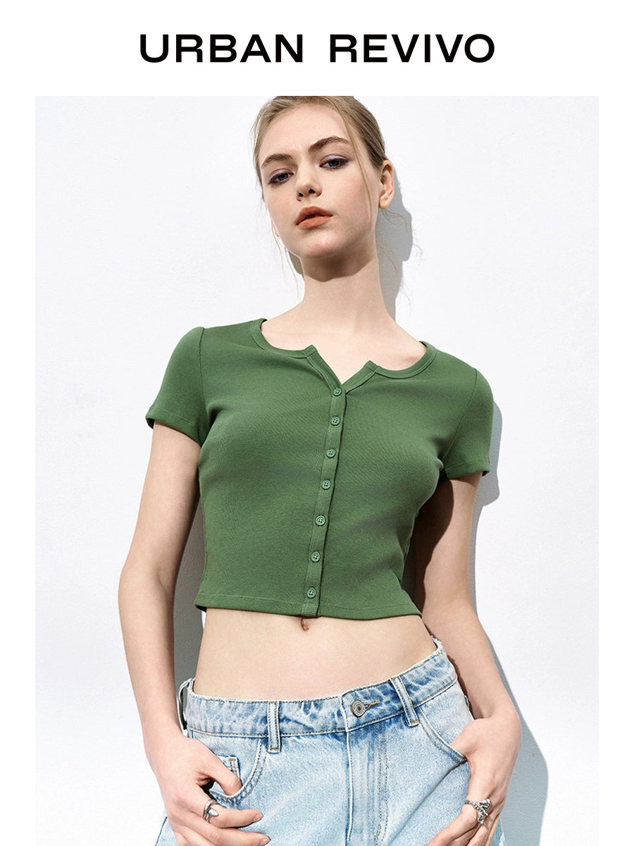 URBAN REVIVO Simple Versatile Button Slim Tee