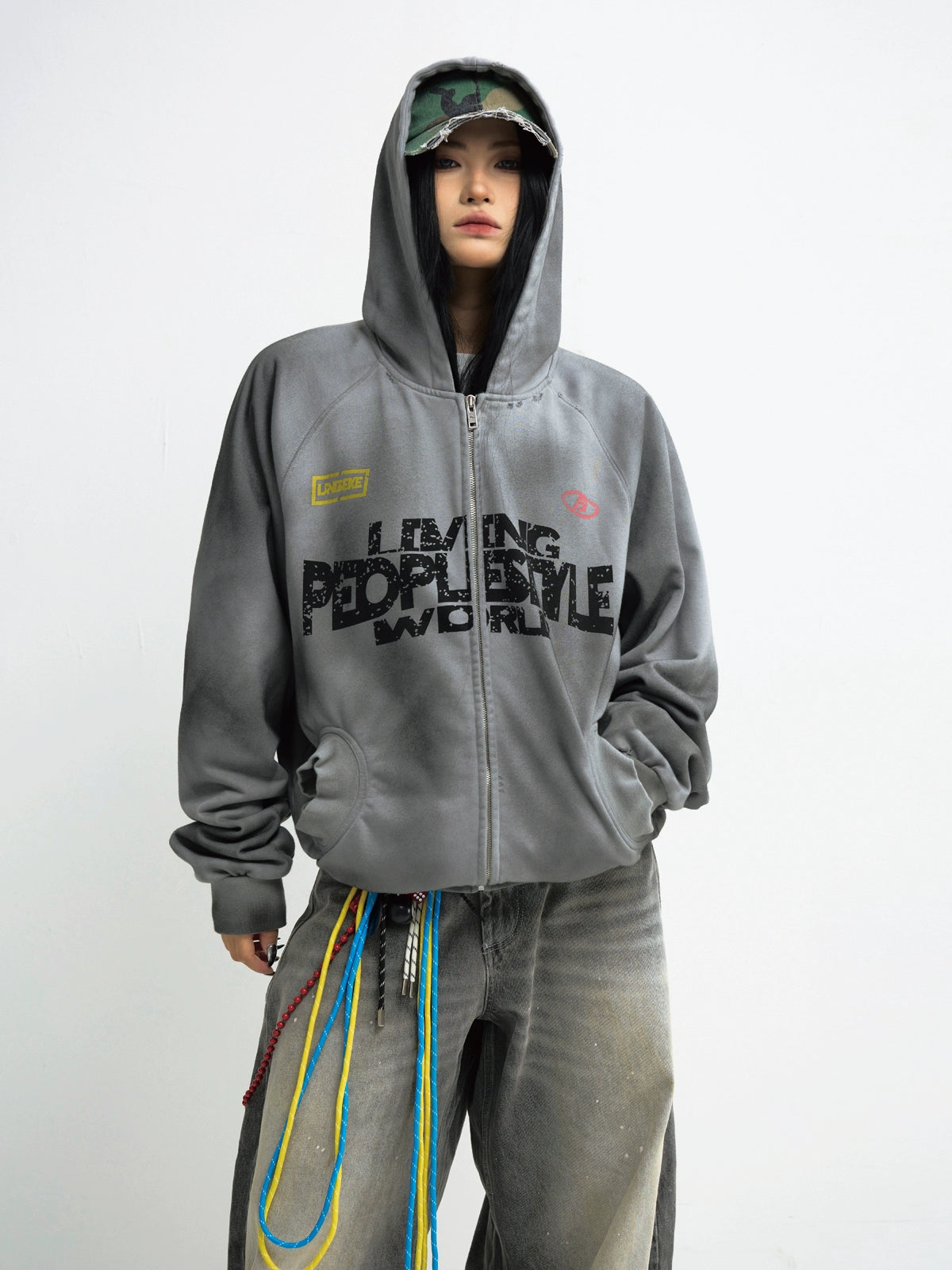 PEOPLESTYLE Dirty Dye Gradual Change Print Hooded Sweater