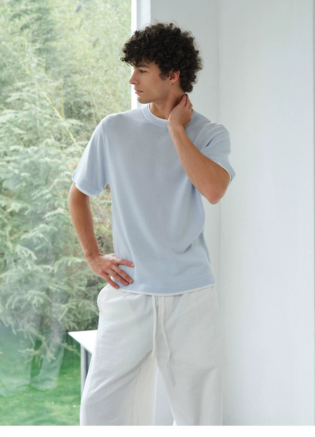 VLABMADE Linen-Blend Relaxed Fit Contrast Hem Short Sleeve Tee
