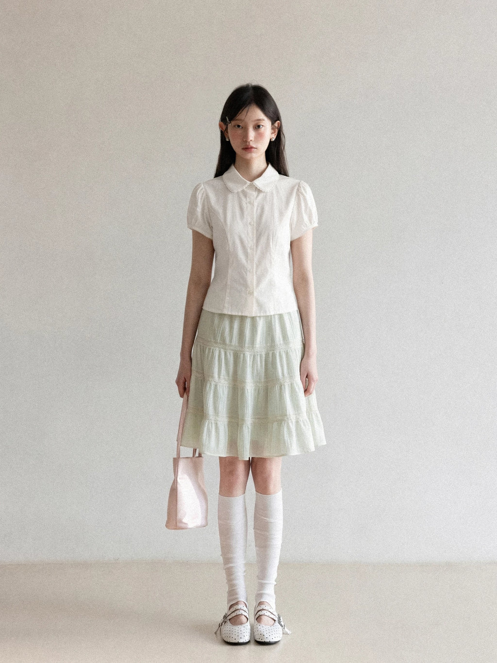 Cantonstory Slim-fit Waist Short-sleeved Shirt Skirt Set