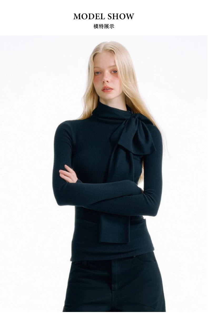 SUREENOUGH Bow Ribbon Knitted Bottom Long Sleeve