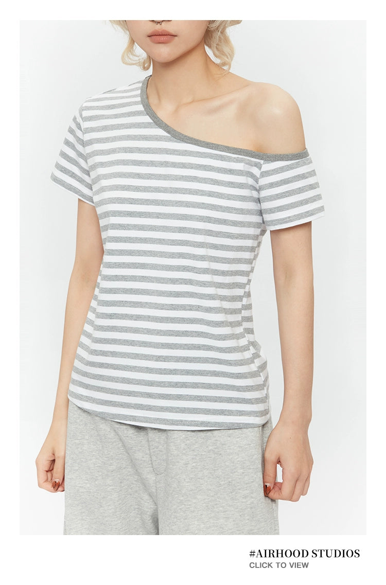 AIRHOOD Slanted Shoulder Striped Off-the-shoulder Tee