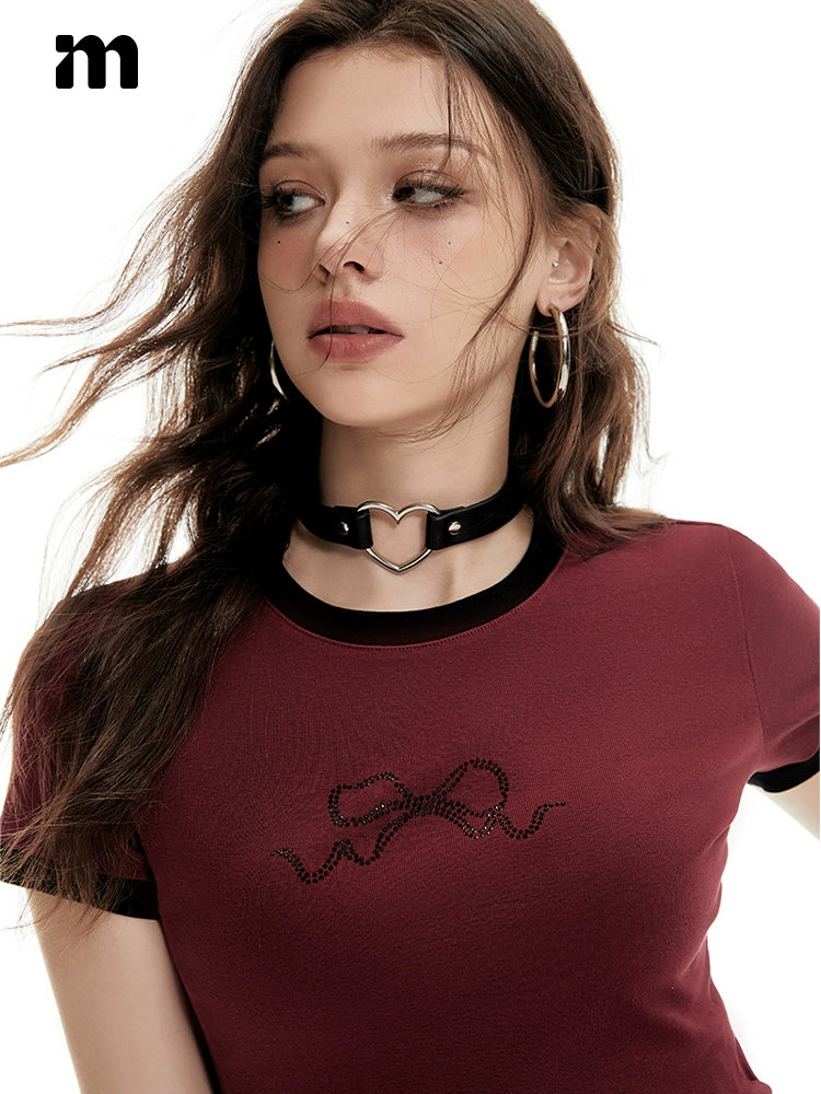 Imone Contrasting Bow Hot Diamond Round Neck Tee