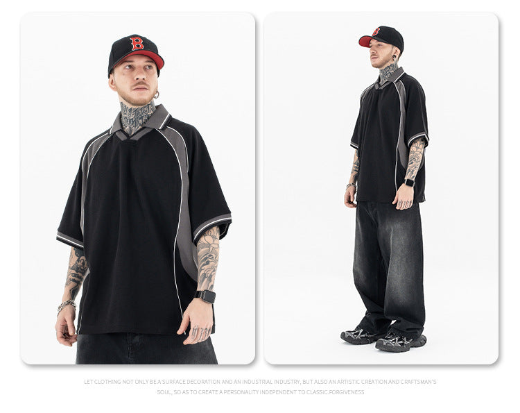 (Clearance) FORGIVNESS Lapel Contrasting Color Splicing Polo Shirt