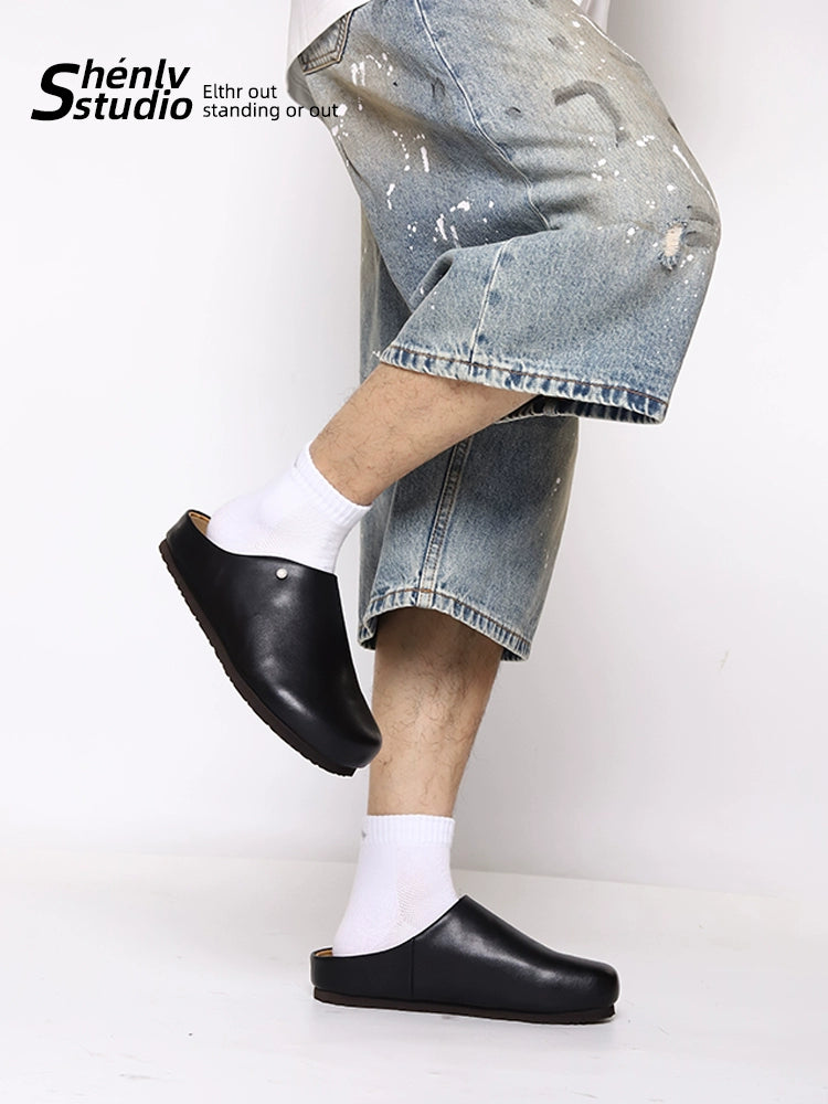 SHENLV STUDIO Black Simple Thick-bottomed Half-mop Outer Leather Slippers