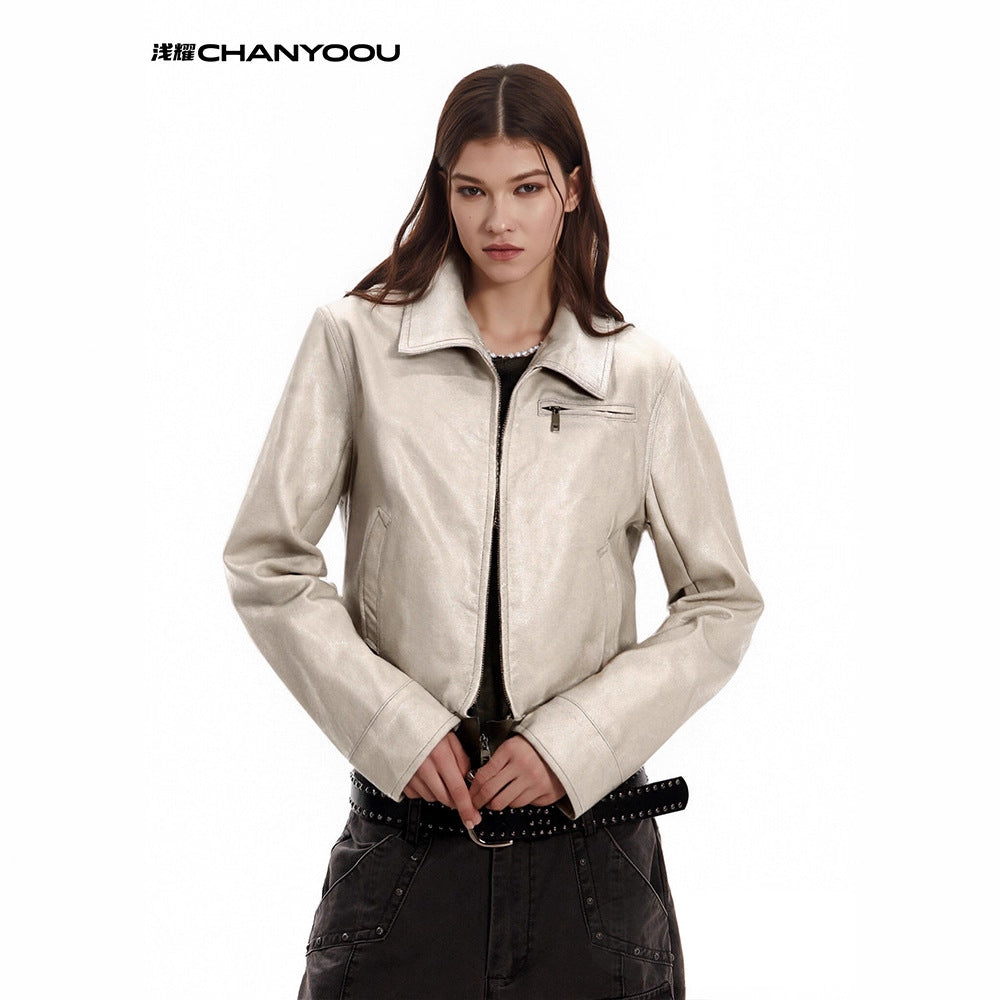 CHANYOOU Retro Lapel Short Leather Jacket