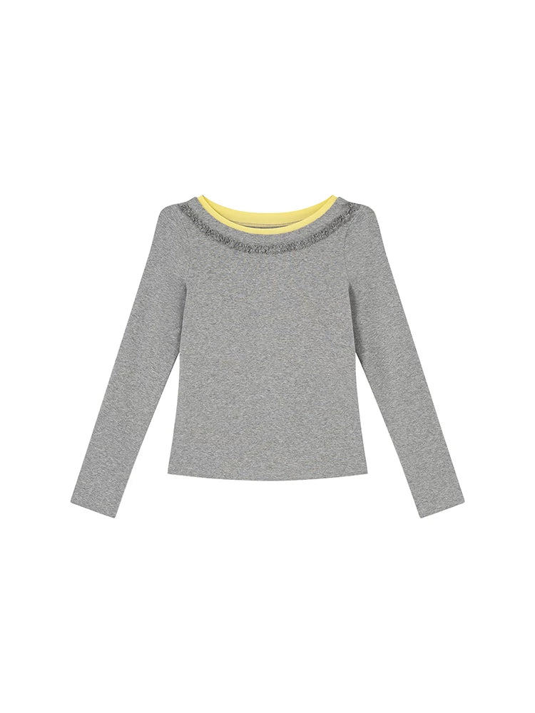 Kano Contrast Collar Lace Splicing Slim Long Sleeves