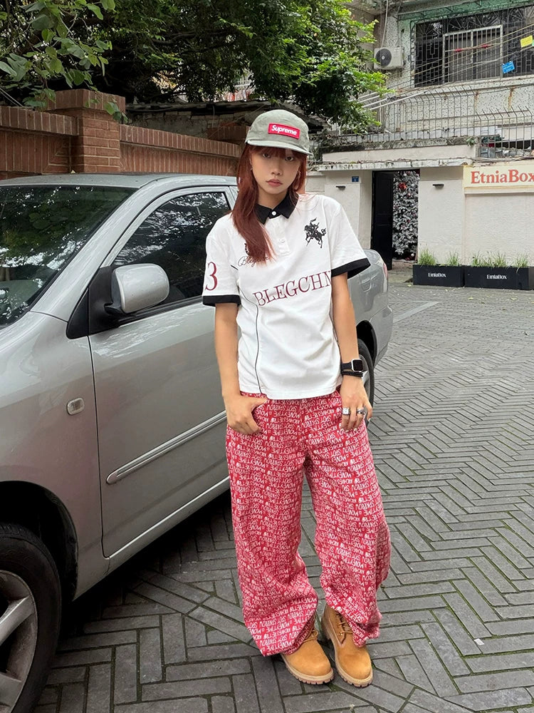 EAHO Letter-printed Casual Wide-leg Pants