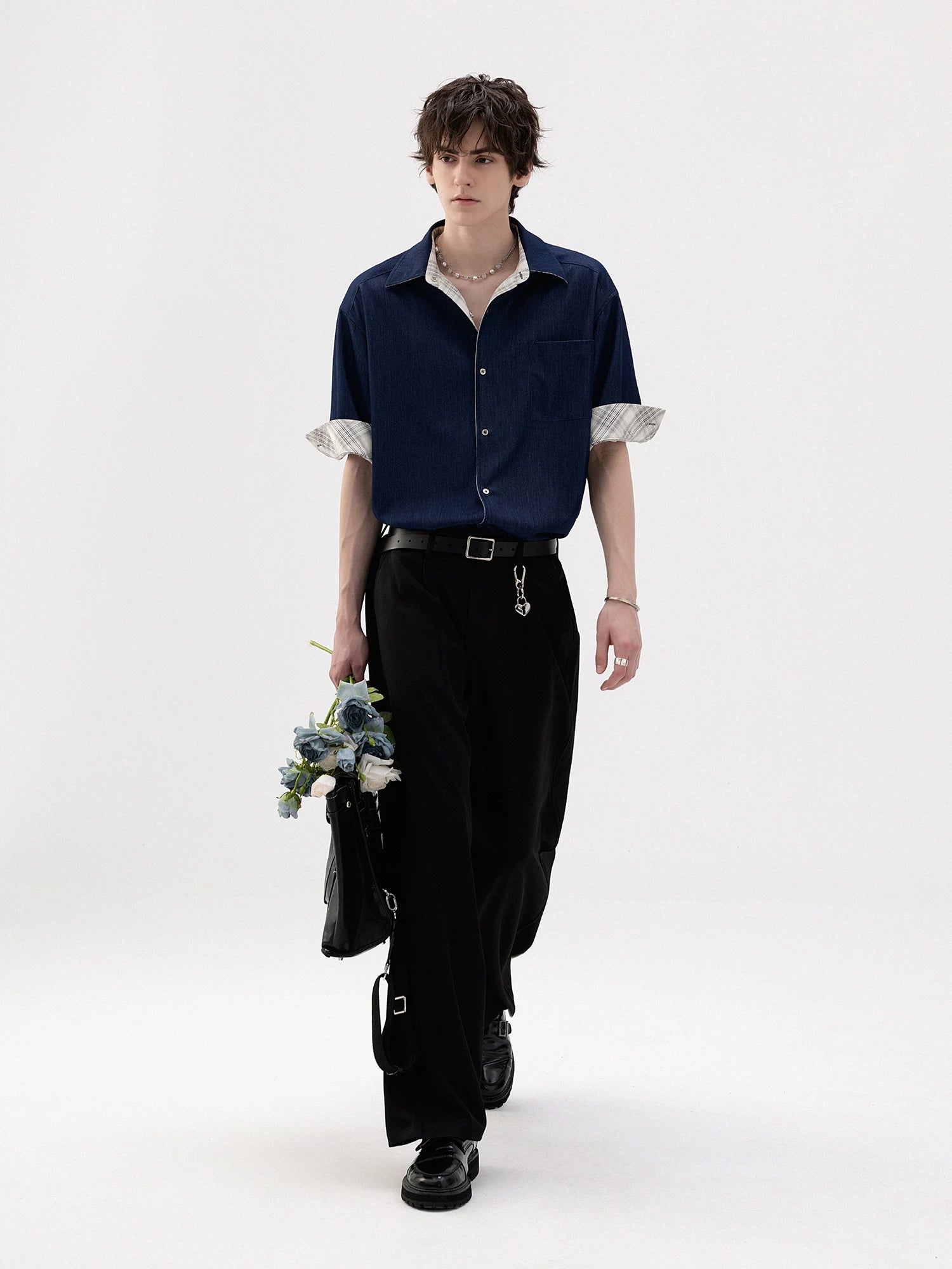 CHOR Ice Silk Denim Splicing Checked Roll Sleeve Shirt