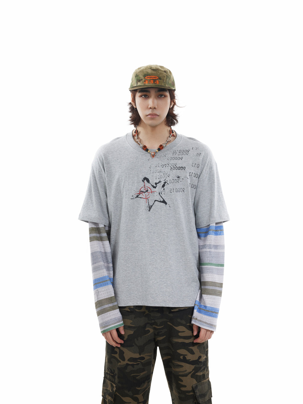 BTSG fake two-piece striped splicing long-sleeved Tee
