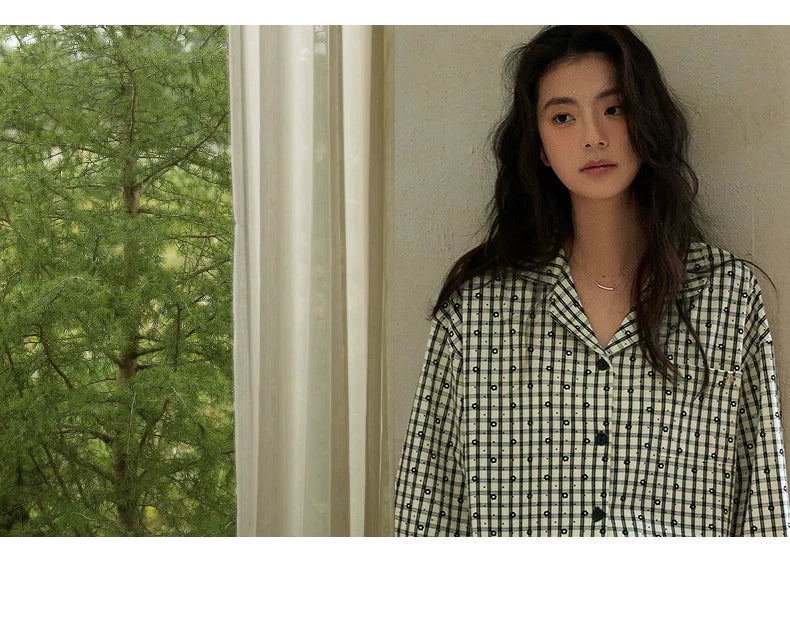 YUENEI Plaid Cotton Long-sleeved Trousers Pajamas