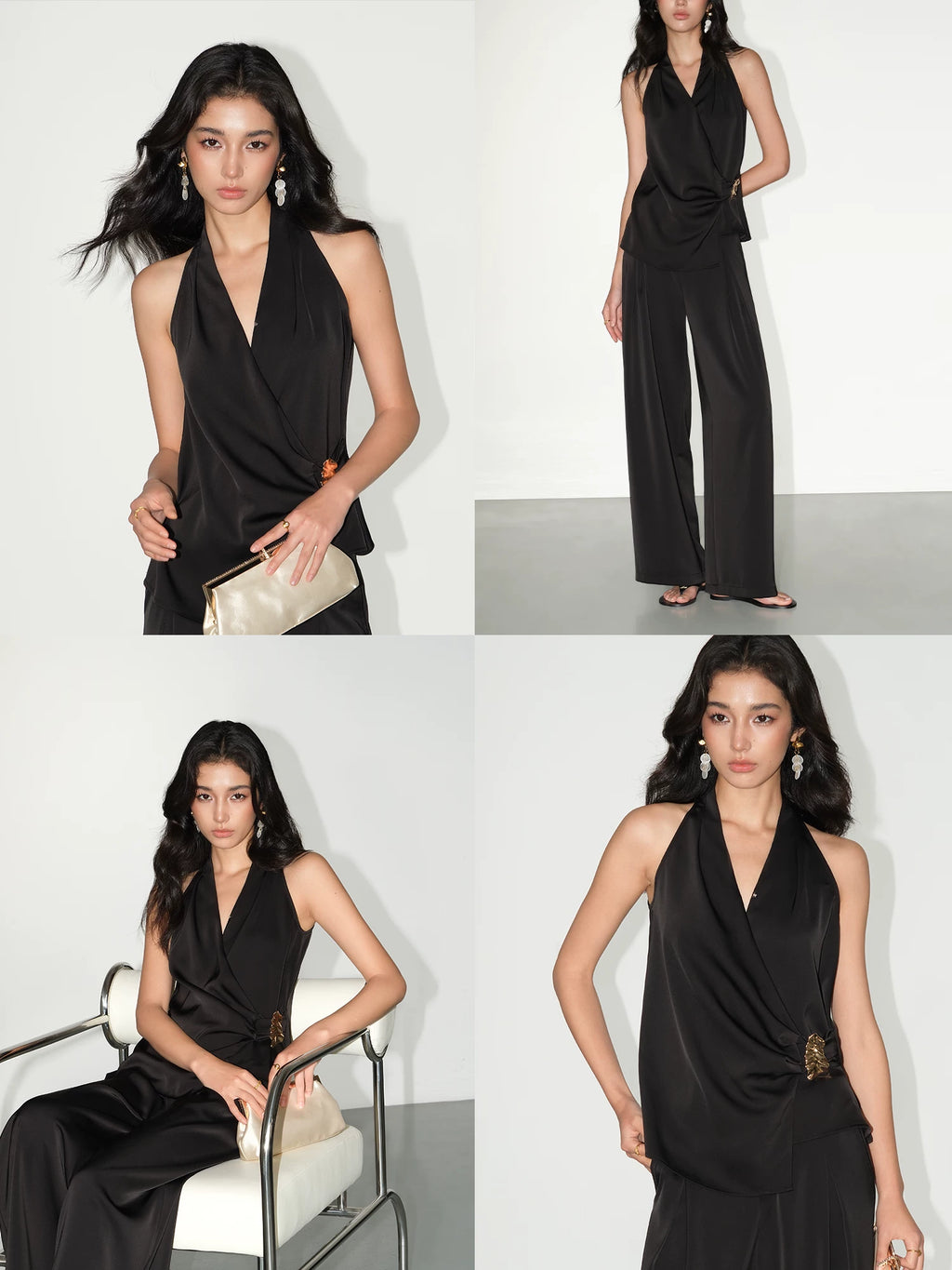 NEVA HU Pleated Satin V-neck Neck Vest Wide-leg Pants Set