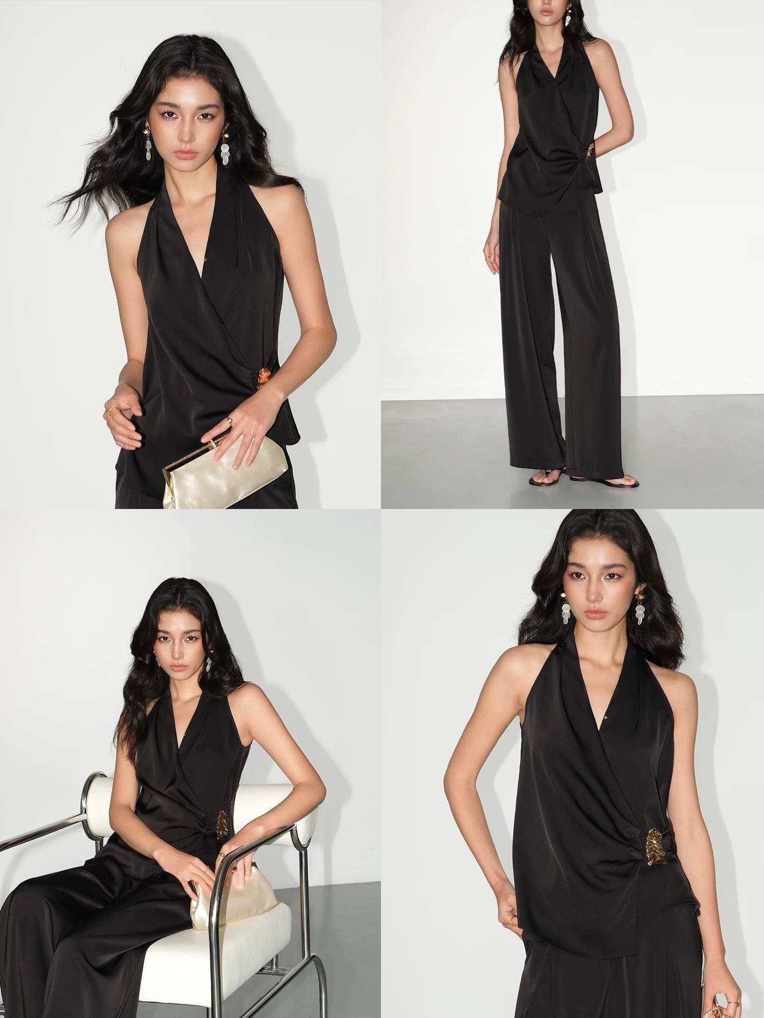 NEVA HU Pleated Satin V-neck Neck Vest Wide-leg Pants Set