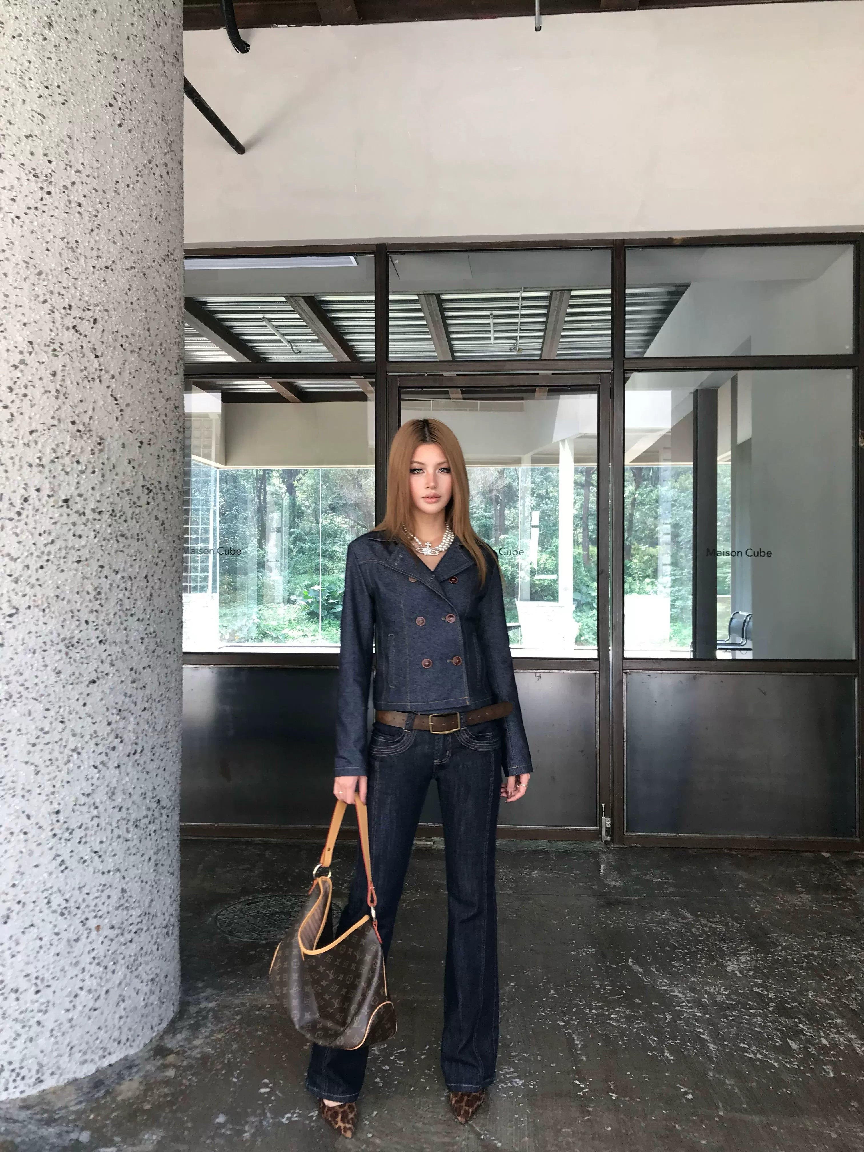 Audwyn Retro Double-breasted Lapel Short Slim Imitation Denim Jacket