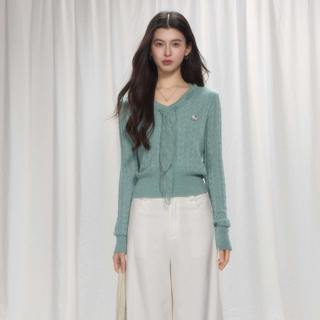 TYANG Hollow Twisted Waist Lace Streamer Knitted Sweater