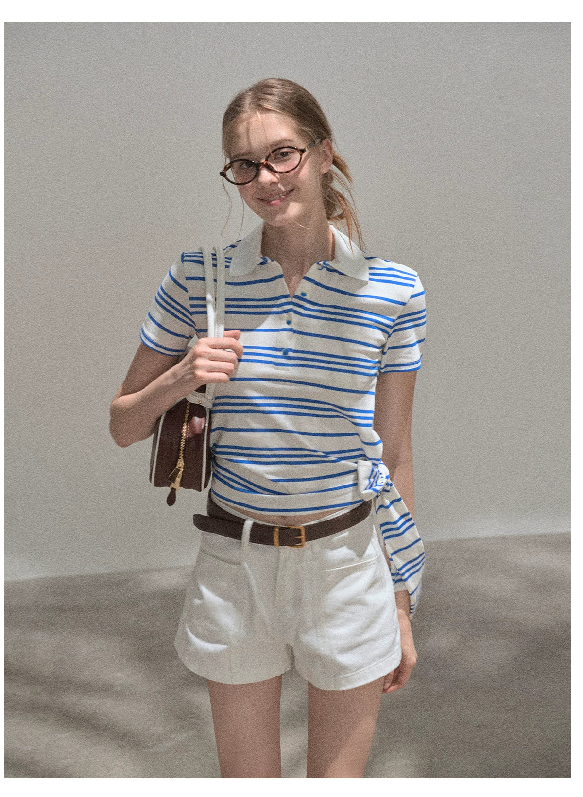XUJING Waist Front Shoulder Striped Polo Shirt Tee