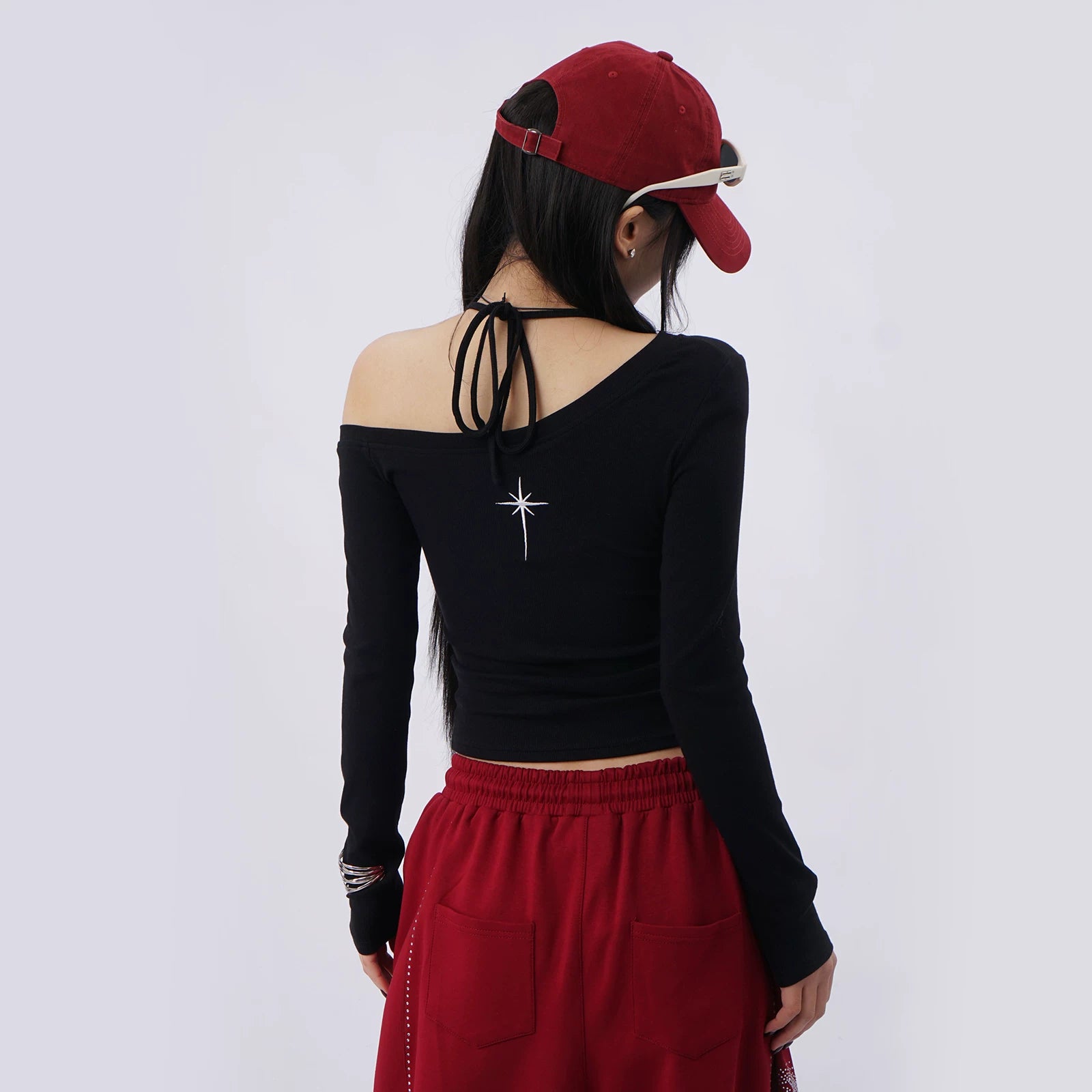 SAMUSAN Letter Embroidered Slanted Shoulder Long Sleeve