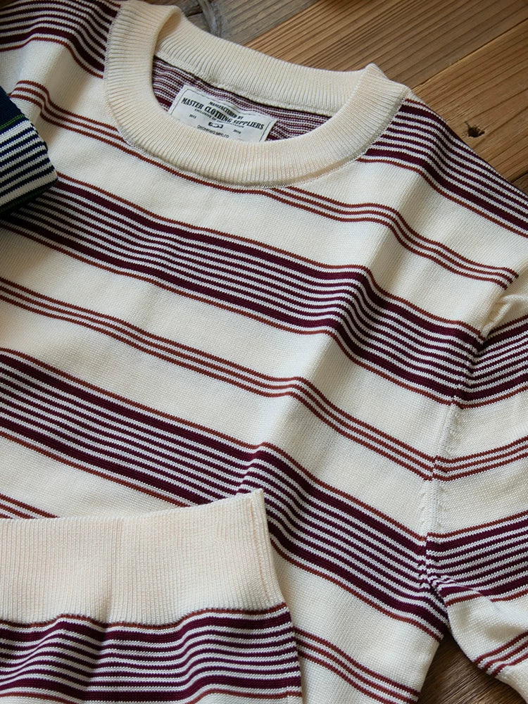 PrintAce Knitted Vintage Striped Crew Neck Front Shoulder Tee