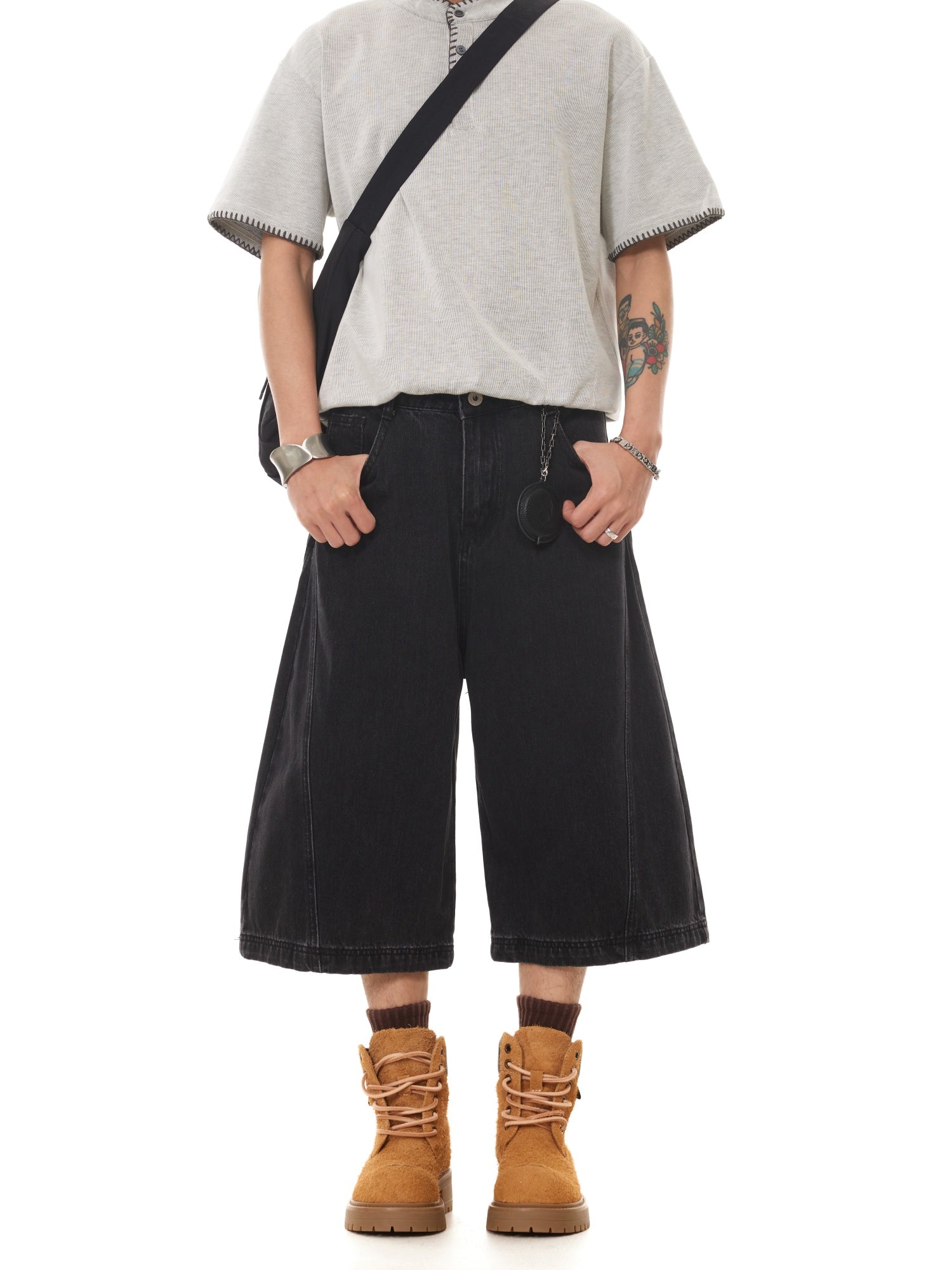 BTSG boxy washed natural black wide-leg denim shorts