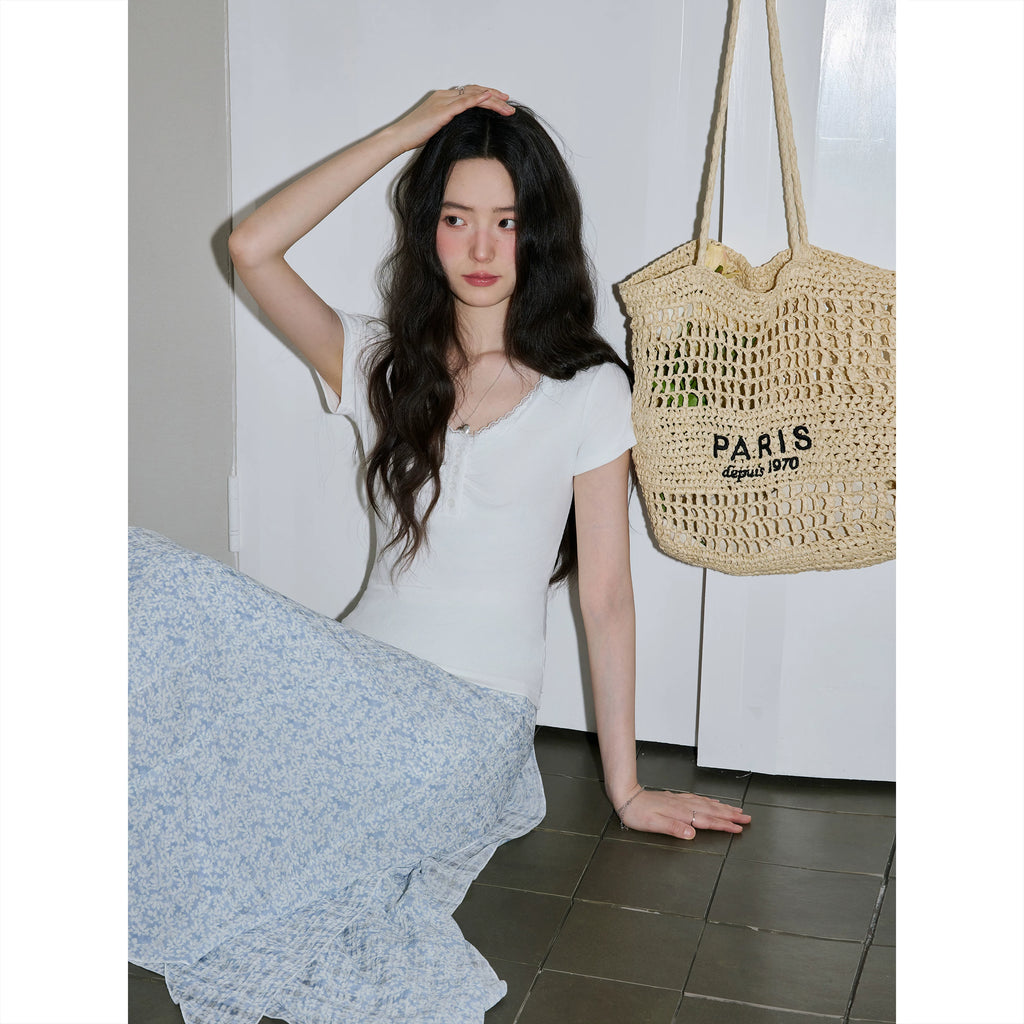 XUJING Front Shoulder Lace Slim Slim Tee