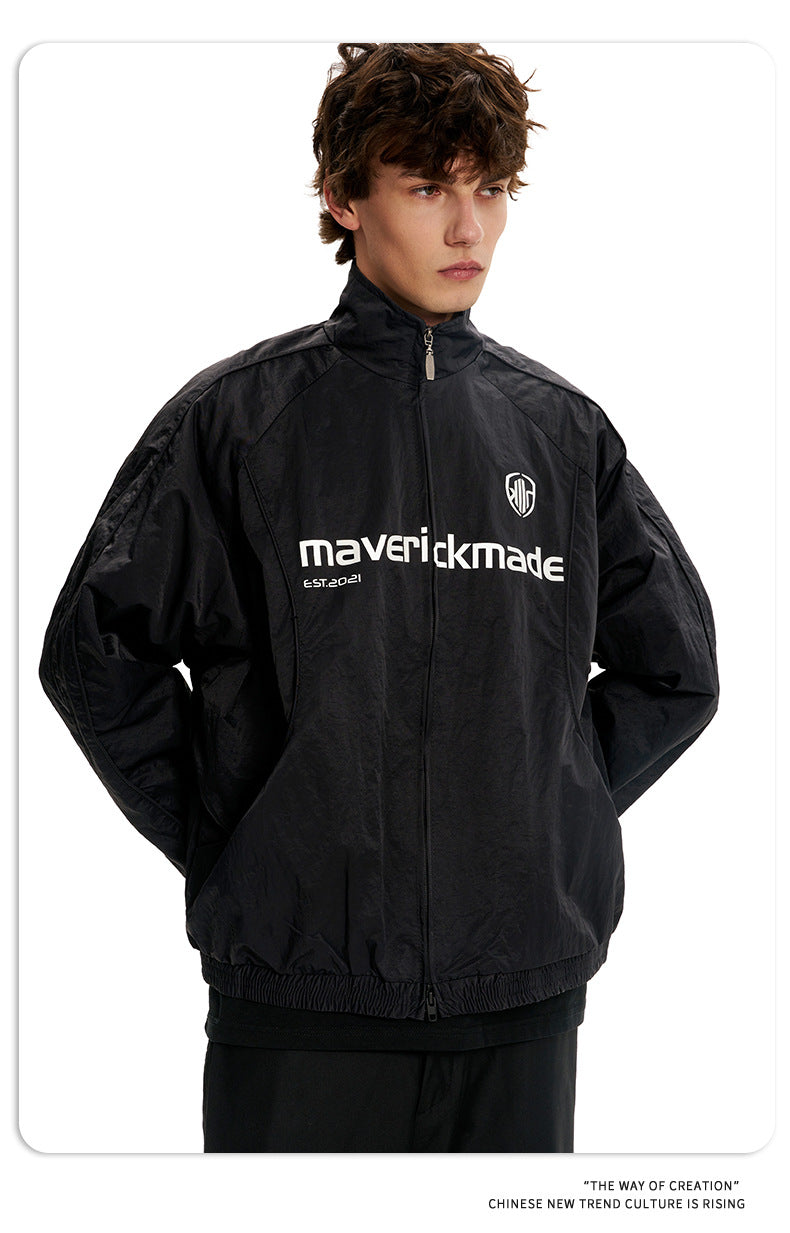 11KN Retro Digital Print Casual Loose Stand-up Jacket