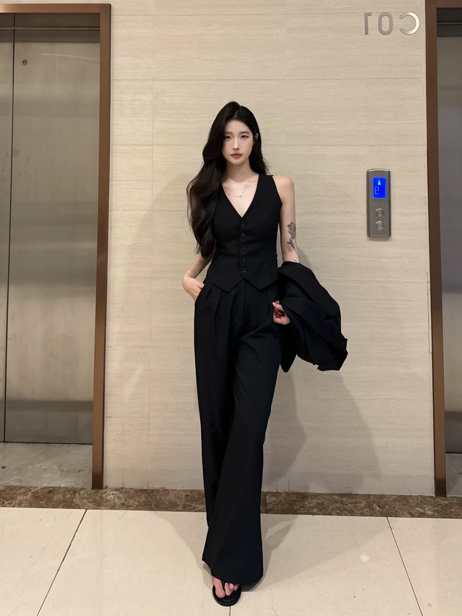 PANPANSTUDIO Simple Commuter Vest Wide-leg Pants Set
