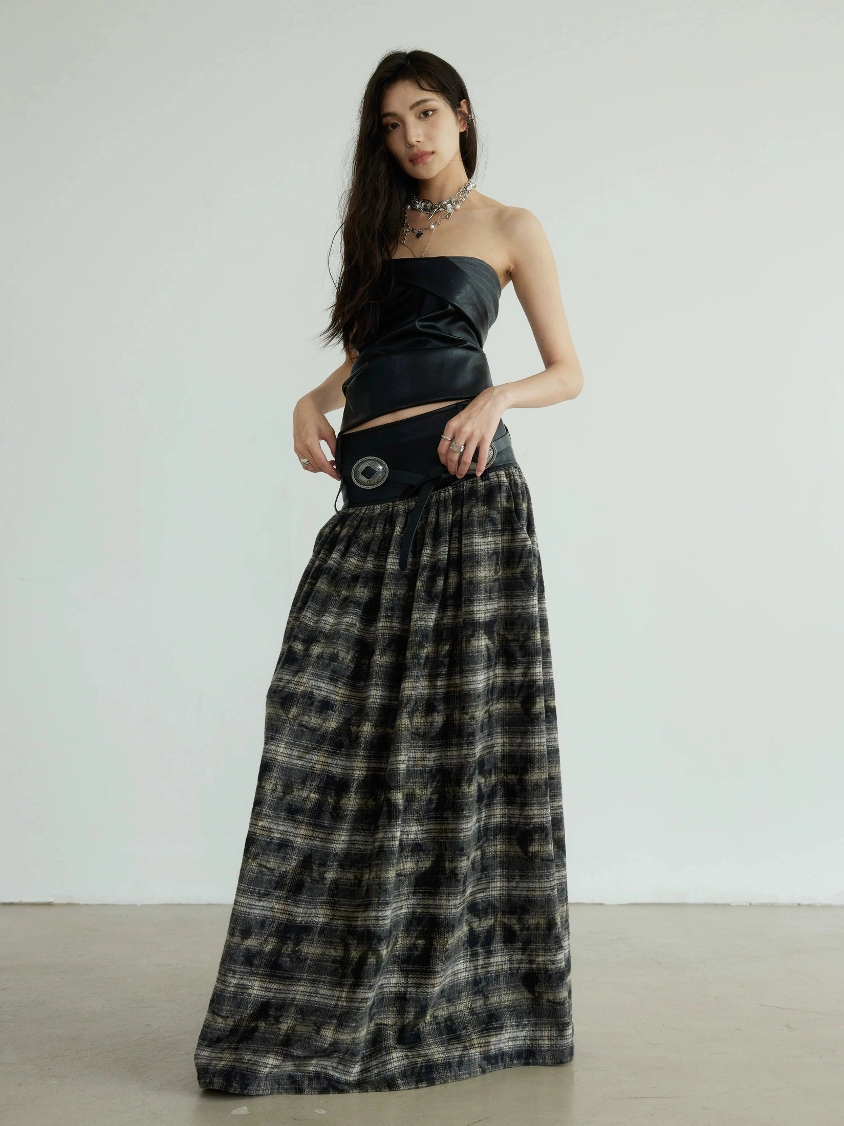 JNYLON Retro Plaid Super Long Skirt