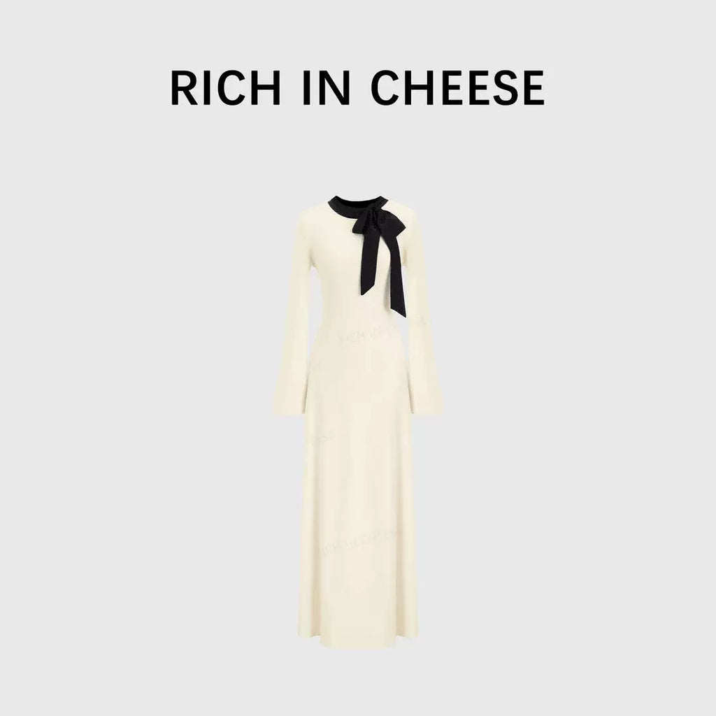 RICH IN CHEESE Bow Contrasting Splicing Long Knitted Dress