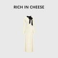 RICH IN CHEESE Bow Contrasting Splicing Long Knitted Dress
