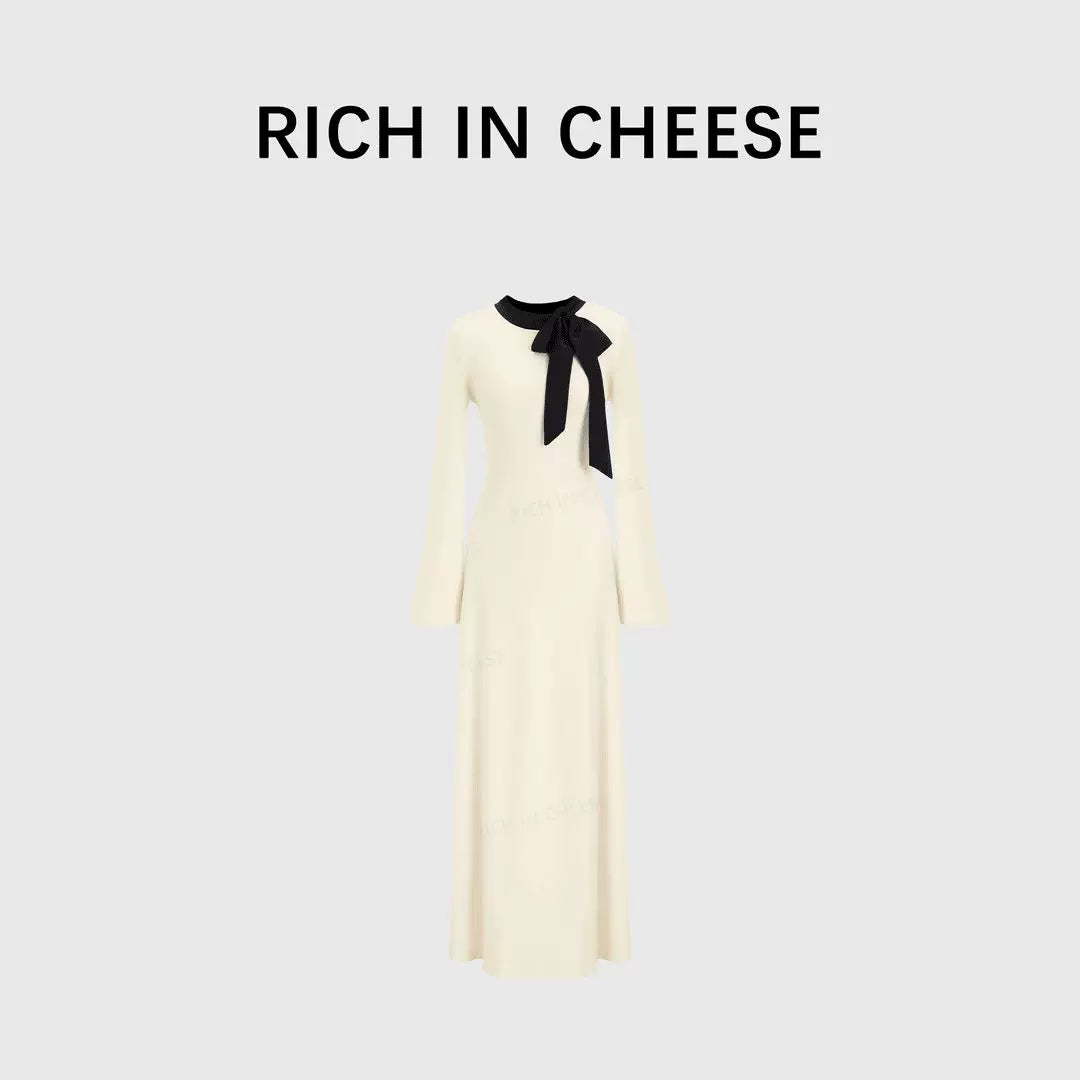RICH IN CHEESE Bow Contrasting Splicing Long Knitted Dress
