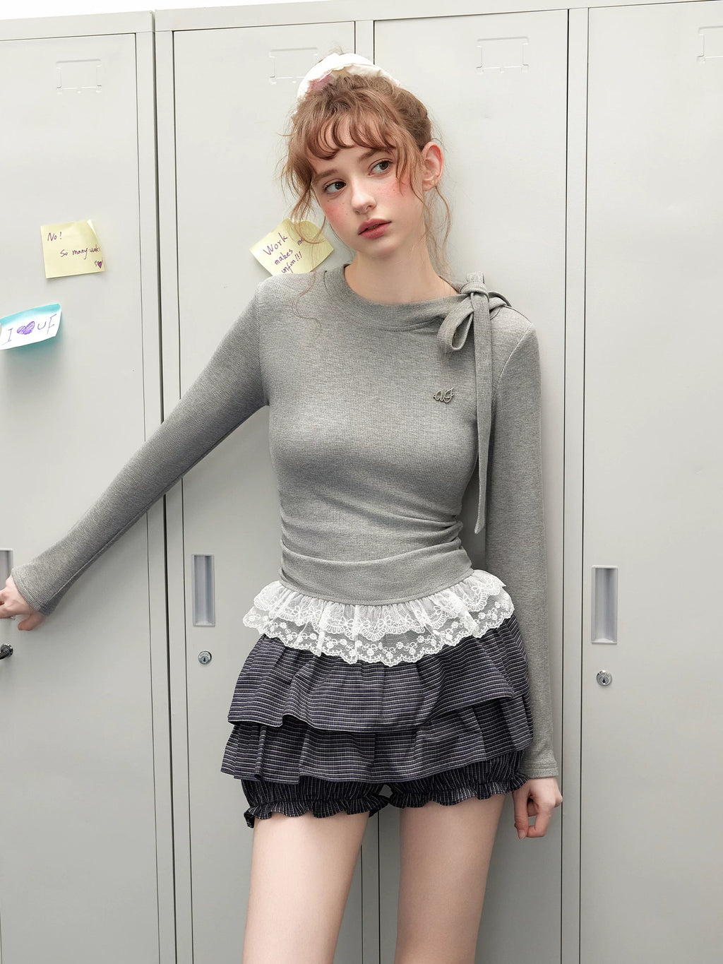 UNIFREE Bow Strap Simple Versatile Lace Edge Long Sleeve