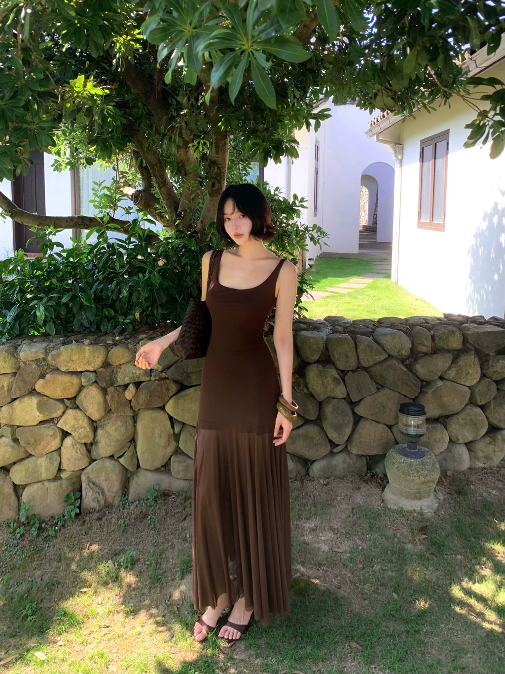 KELIFAN Slightly Sheer Pleated Vest Camisole Dress