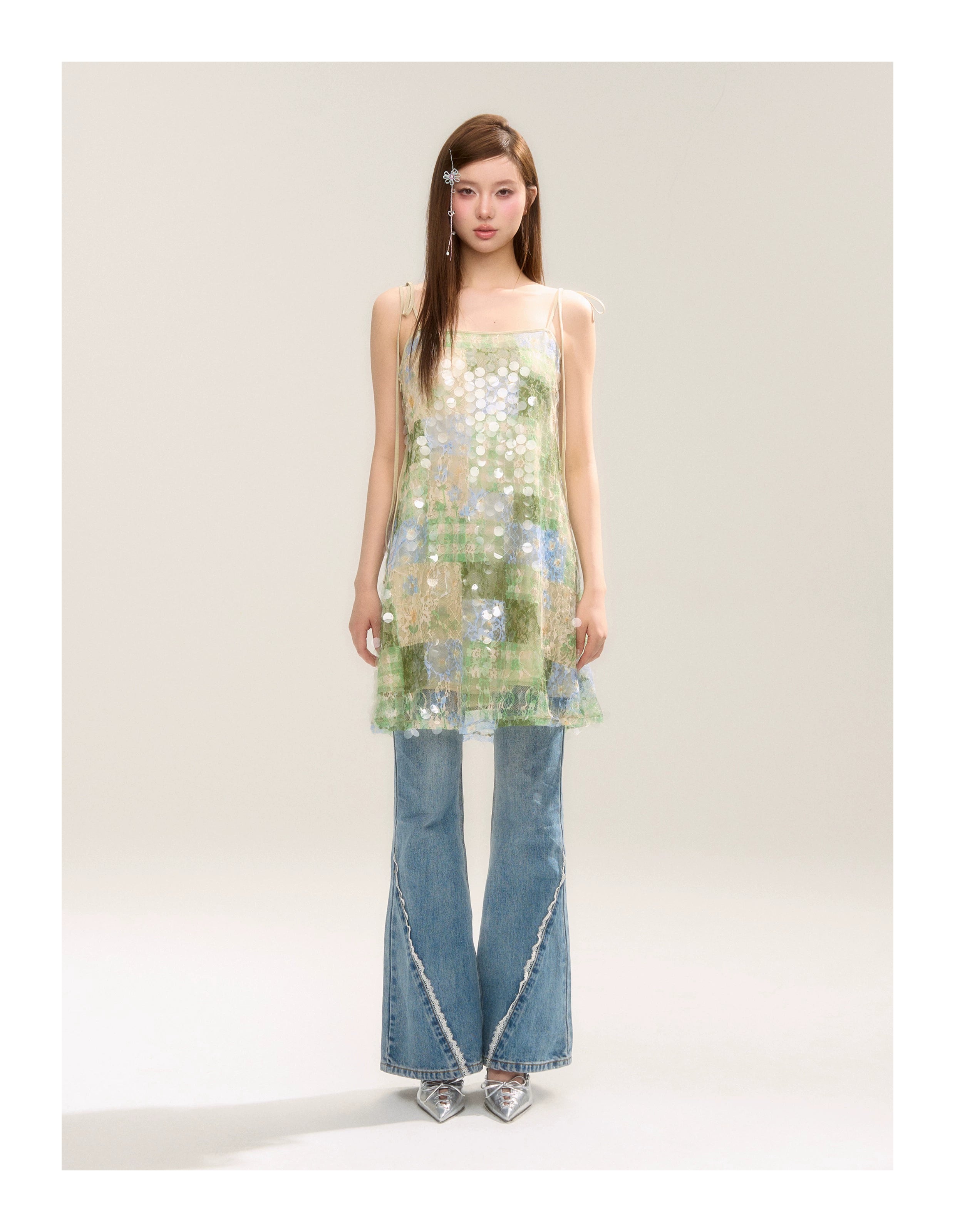 SASSY MOODY Sequined Suspender Temperament Lace Vacation A-word Dress