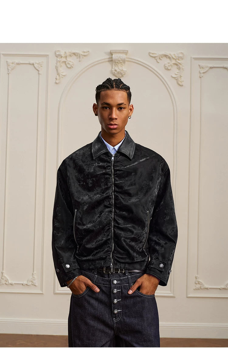 YADcrew Real Sheepskin Collar Pleated Velvet Leather Lapel Jacket