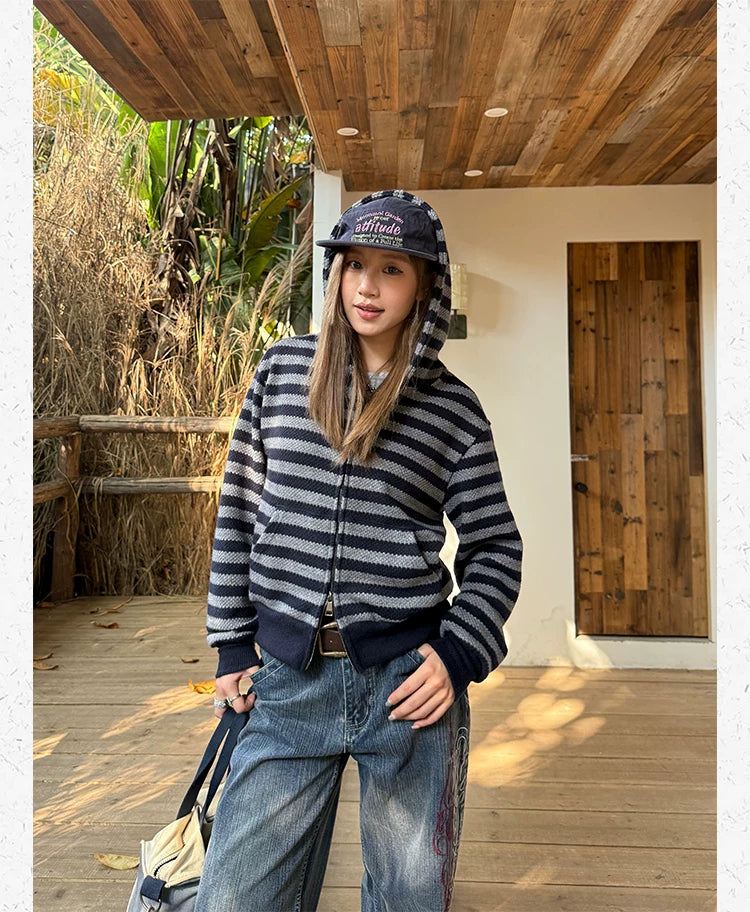 CCYE Vintage Knitted Striped Hooded Sweater Jacket