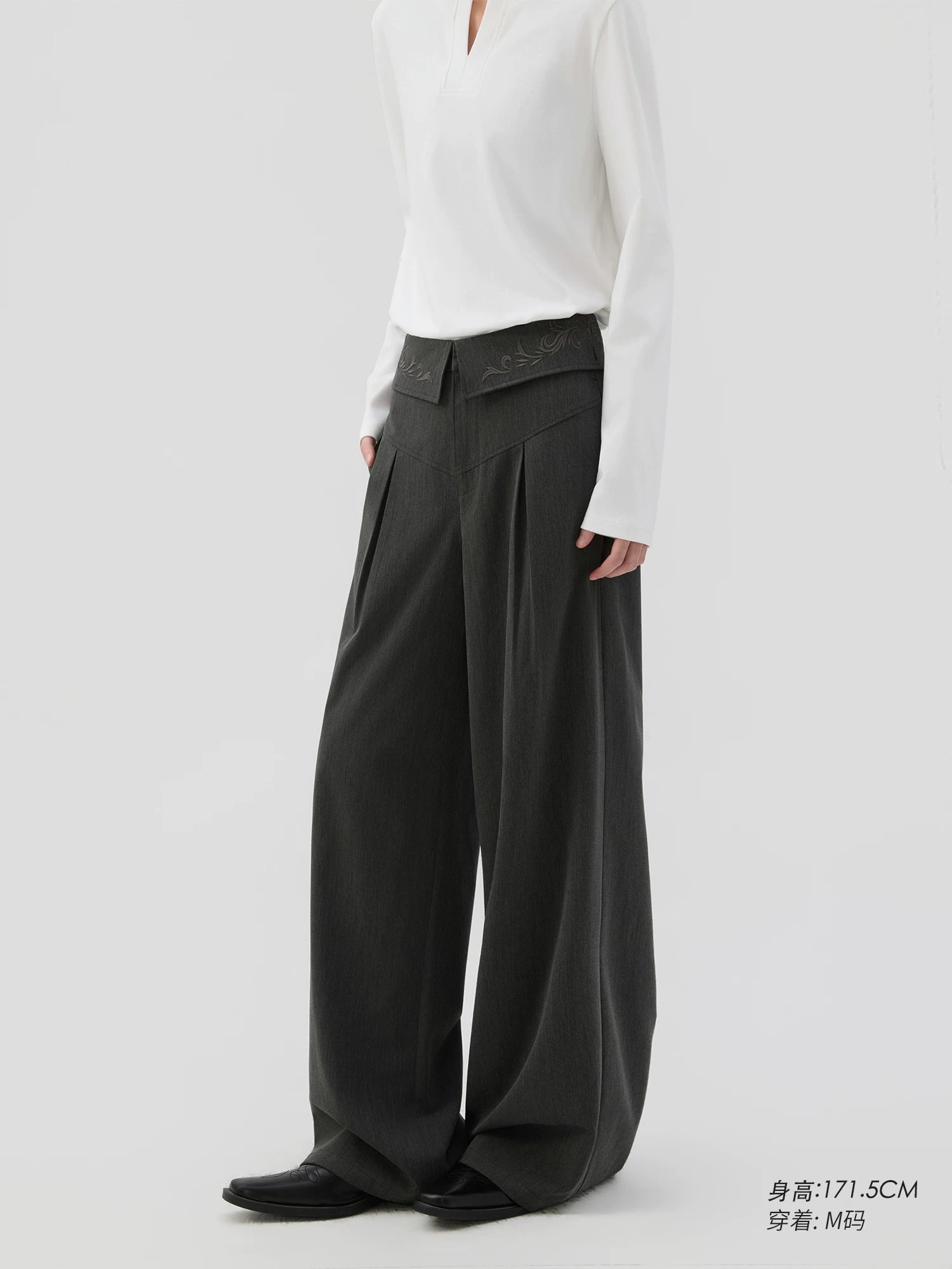 Sameuoo Waist Fold-down Embroidered Loose Straight Trousers