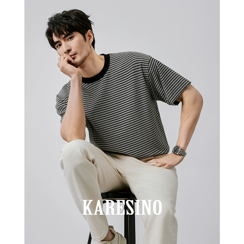 KARESINO Contrasting Striped Casual Round Neck Tee