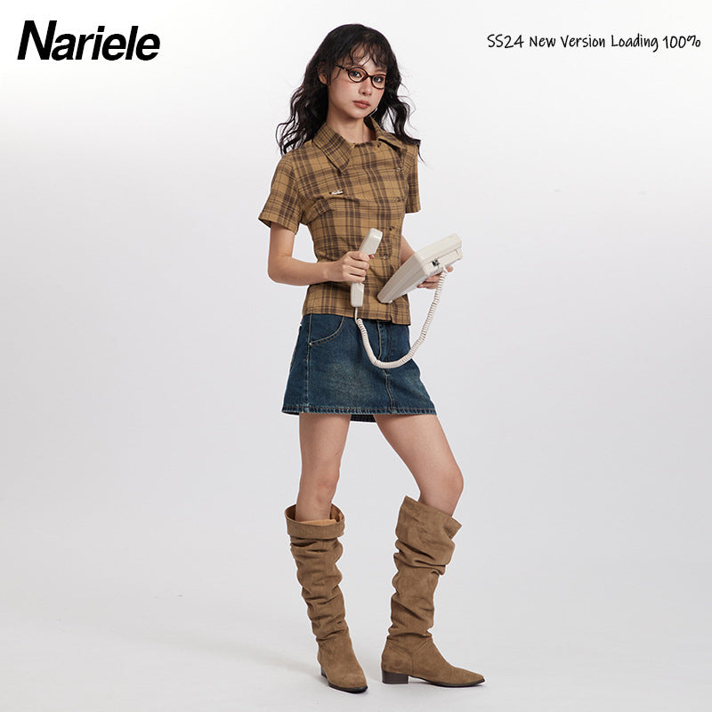Nariele New Chinese Button College Plaid Short Sleeve Shirt