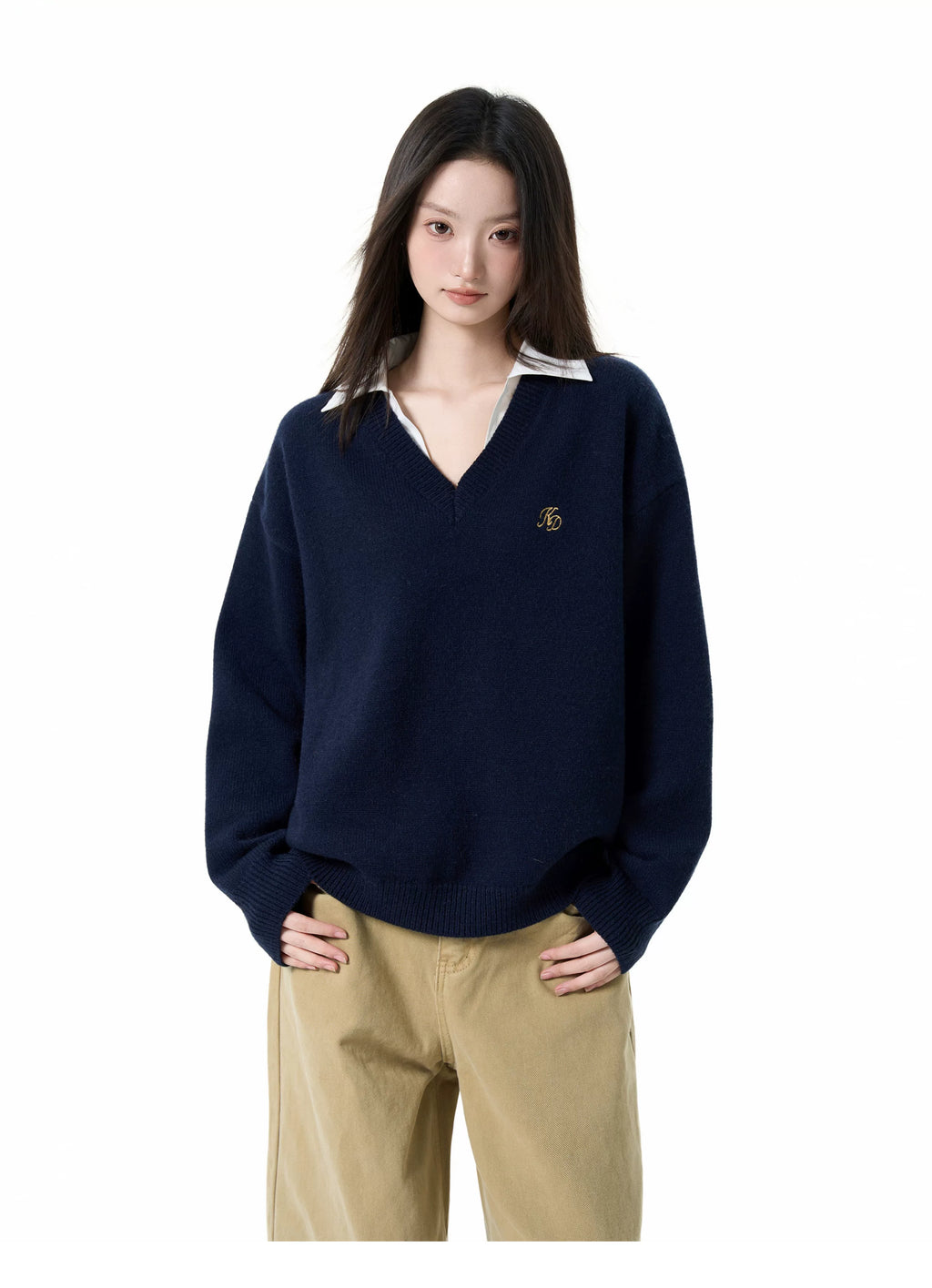 IiamX Fake Two-piece Polo Collar and Shoulder Sweater.