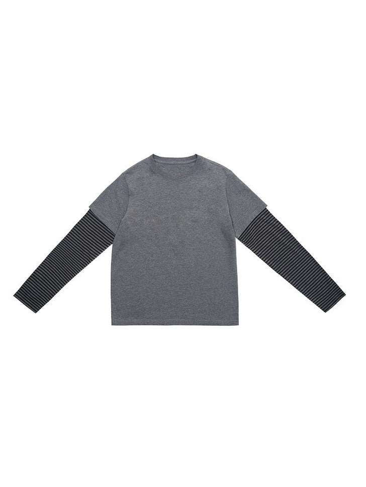 UNF Vintage Fake Two-Piece Striped Contrast Crew Neck Long Sleeve